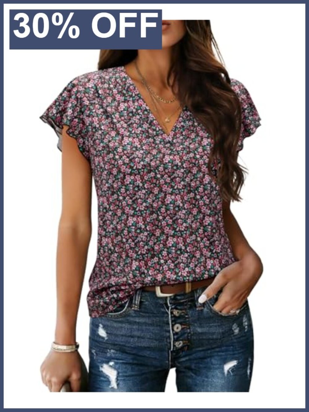 Womens V Neck Flutter Sleeve Blouse Floral Print Short Sleeve Dressy Top